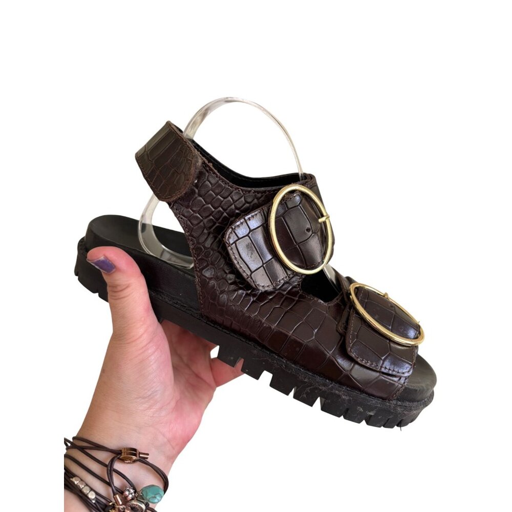 Chunky Brown Croc-Embossed Leather Sandals with Gold Buckles